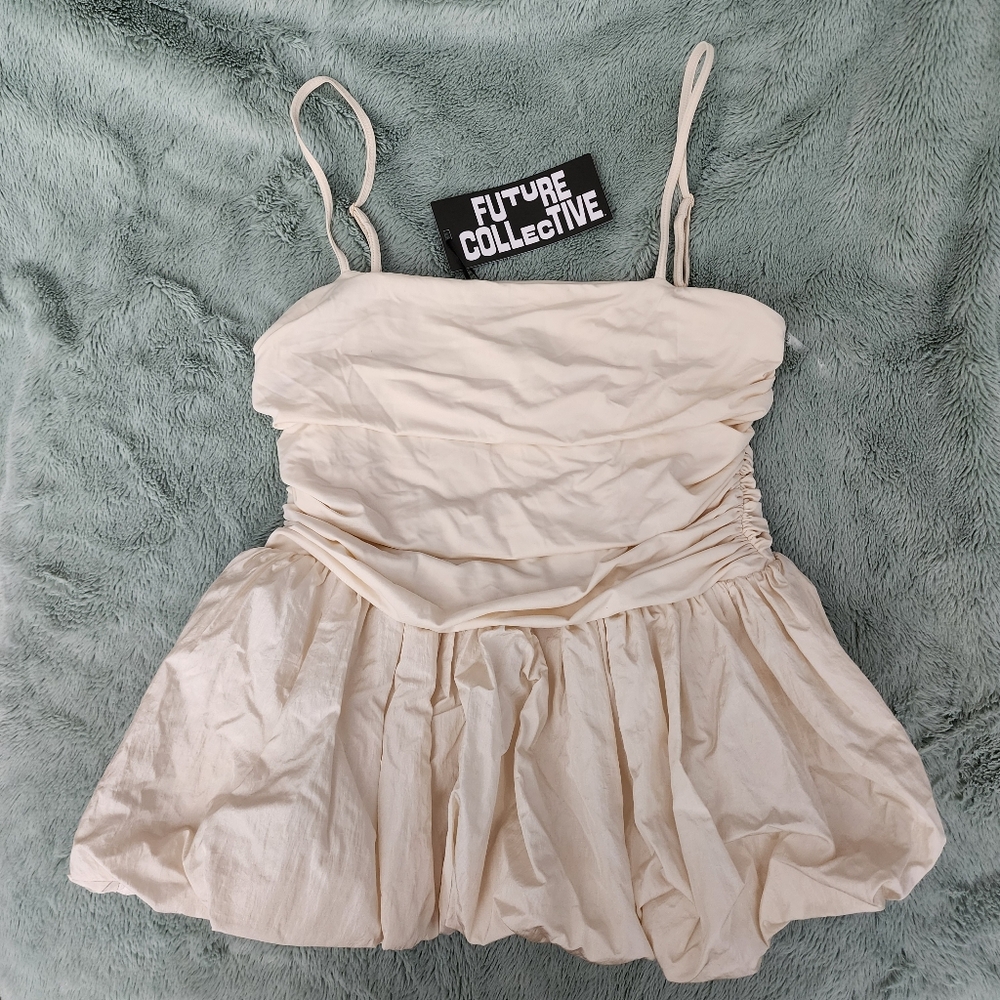 Future Collective Ruched Bubble Hem Cami Top Cream Ivory Puffball Peplum Mini